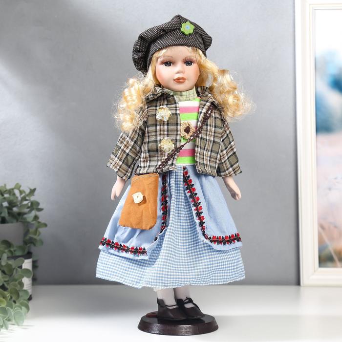 Кукла коллекционная керамика "Блондинка с кудрями, голубая юбка, пиджак в клетку" 40 см