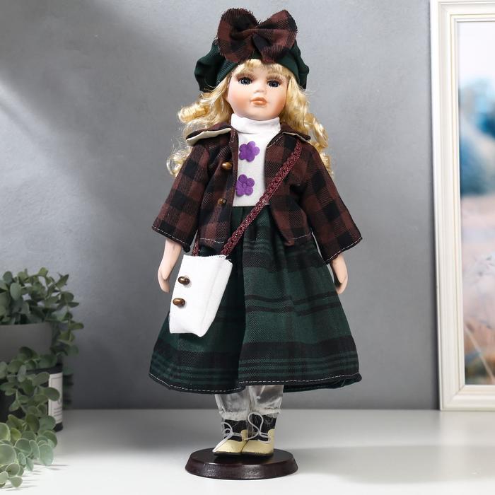 Кукла коллекционная керамика "Блондинка с кудрями, юбка в синюю клетку и берет" 40 см