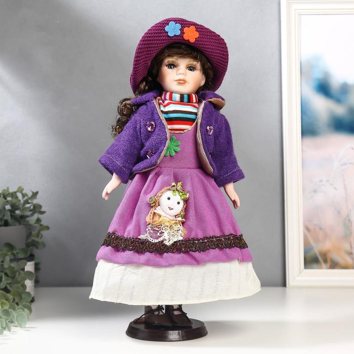 Кукла коллекционная керамика Брюнетка с кудрями, в фиолетово-сиреневом наряде 40 см