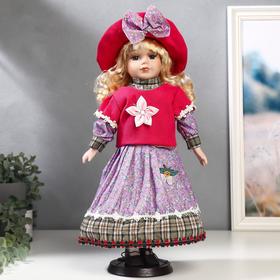 Кукла коллекционная керамика 'Блондинка с кудрями, розовая свитер, юбка сирень' 40 см Ош
