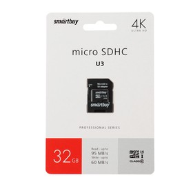 

Карта памяти Smartbuy PRO U3 microSD, 32 Гб, SDXC, UHS-I, класс 10, с адаптером SD