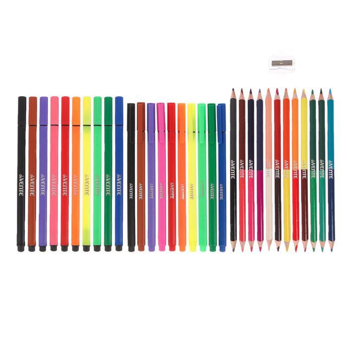 Набор для рисования подарочный "deVENTE. Trio" 33 предмета: фломастеры 10 цветов, ручки капиллярные 10 цветов, карандаши цветные двусторонние 12 штуки/24 цвета, точилка, в картонной коробке