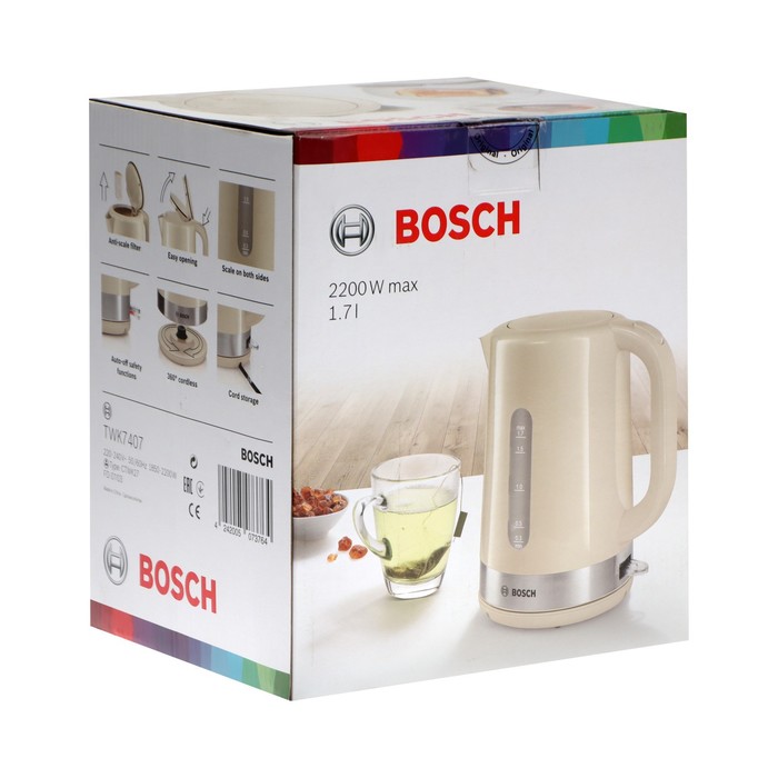 

Чайник электрический Bosch TWK7407, пластик, 1.7 л, 2200 Вт, бежевый