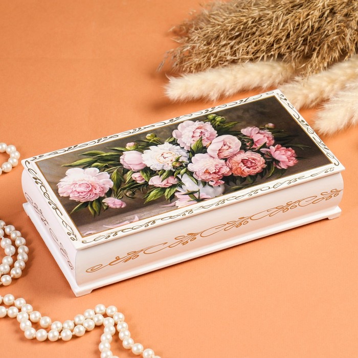 Шкатулка «Пионы», белая, 11×22 см, лаковая миниатюра шкатулка букет роз белая 20×15 см лаковая миниатюра