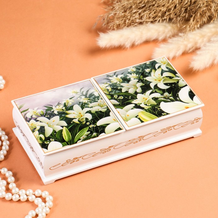 Шкатулка двойная, белая, лаковая миниатюра шкатулка букет роз белая 20×15 см лаковая миниатюра