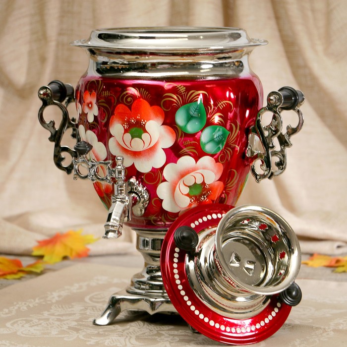 Самовар «Жостово на красном», жёлудь, 3 л, электрический