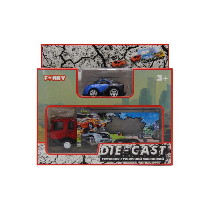 

Набор грузовик + машинка die-cast, синяя, спусковой механизм