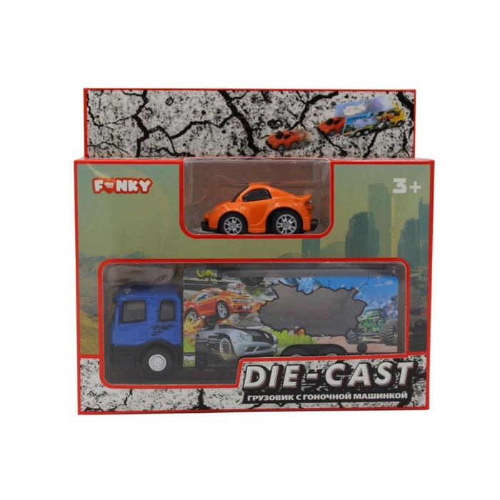 

Набор грузовик + машинка die-cast, оранжевая, спусковой механизм