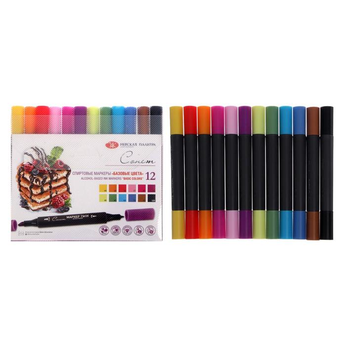 Набор художественных маркеров «Сонет», 12 цветов, спиртовая основа, двусторонний: пулевидная/скошенная, «Базовые цвета»