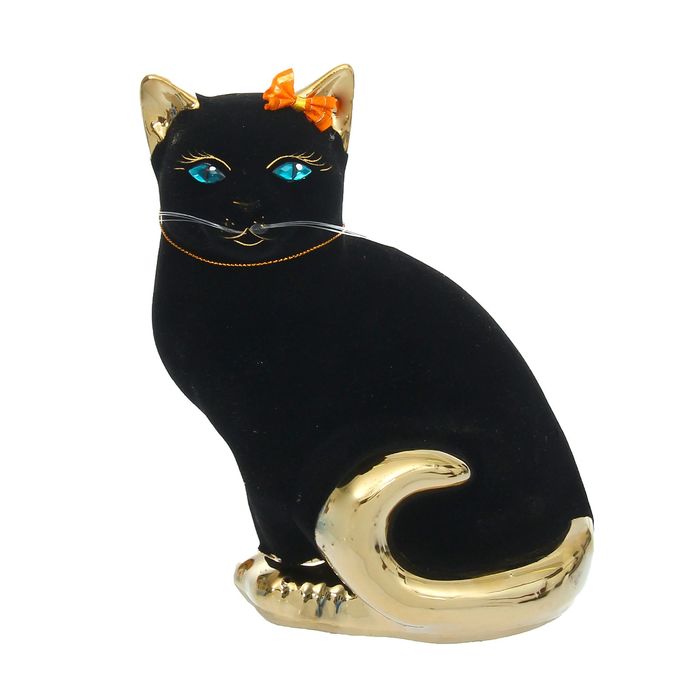 Копилка "Кошка Мурка" флок, булат, чёрная, оранжевый бантик