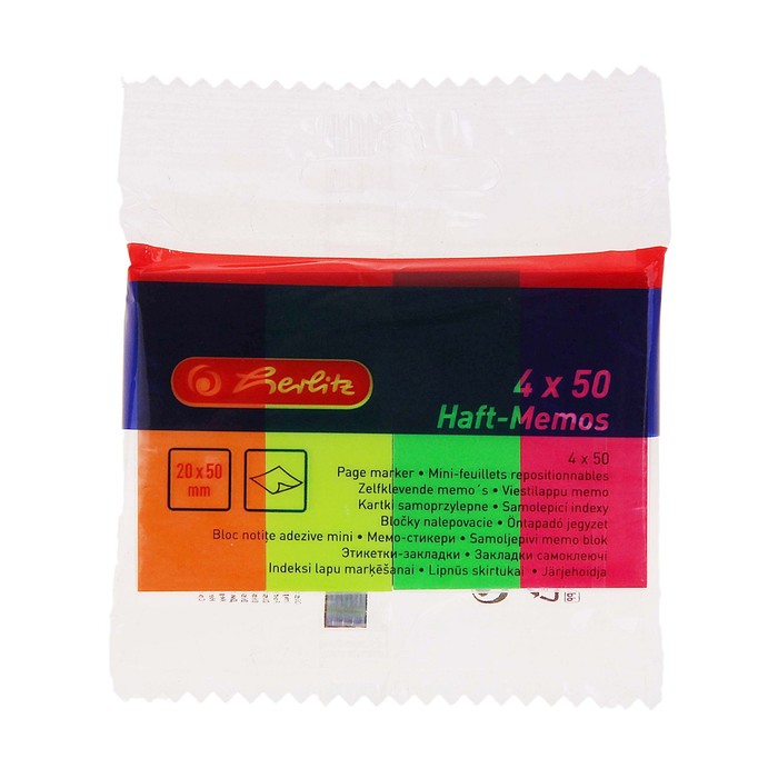 Блок с липким краем Herlitz Memosticker 20*50мм 4цв неон, блистер 10525566