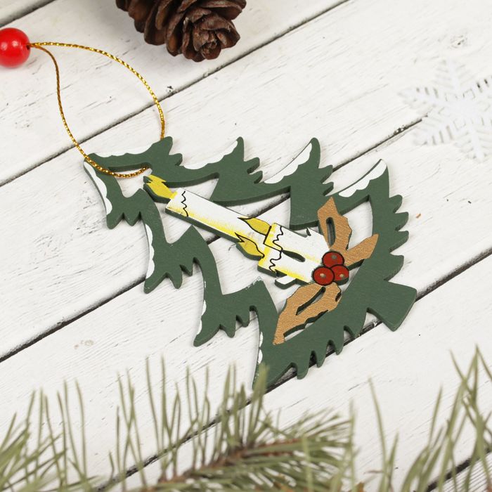 Подвеска новогодняя резная "Ёлка со свечами", набор 2 штуки