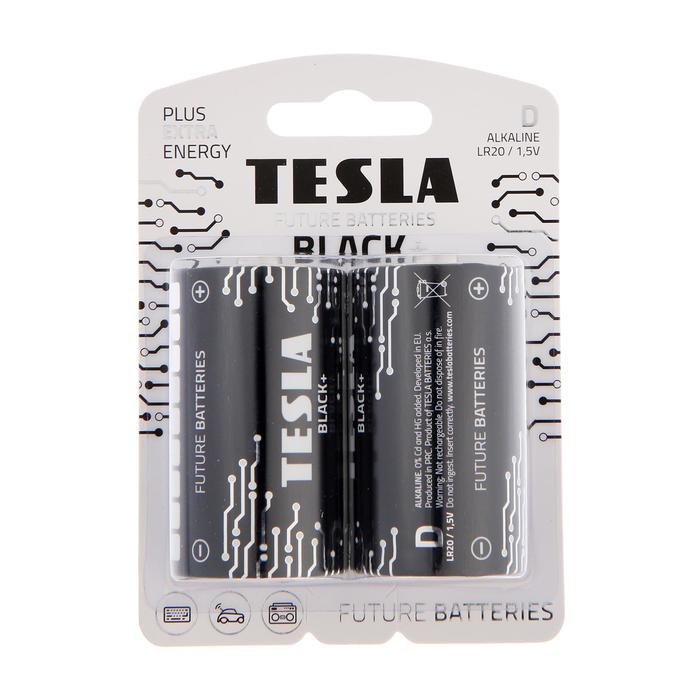 Батарейка алкалиновая Tesla Black, D, LR20-2BL, 1.5В, блистер, 2 шт.