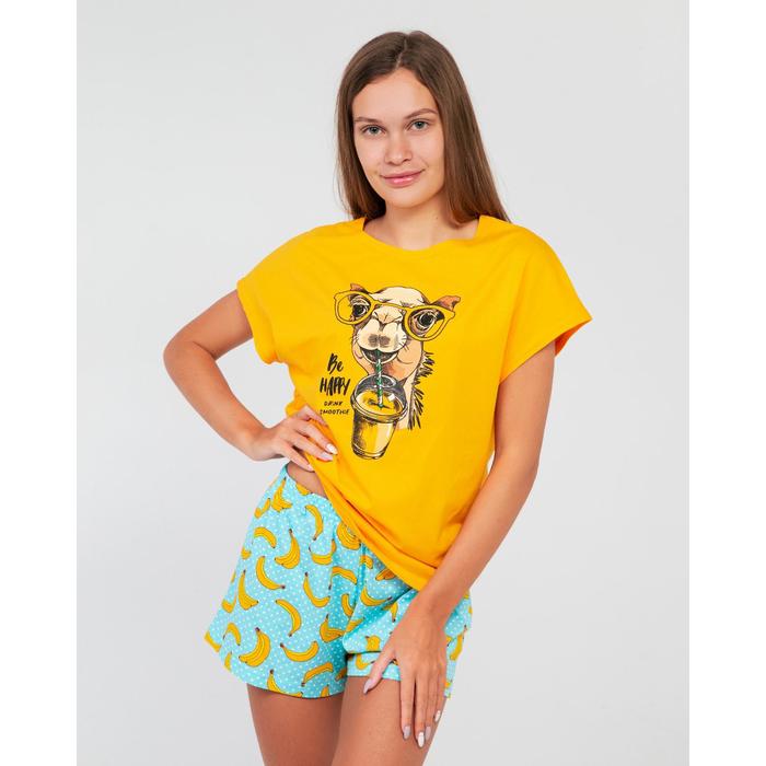 Пижама женская (футболка, шорты) цвет жёлтый/бананы с горохом, размер 42