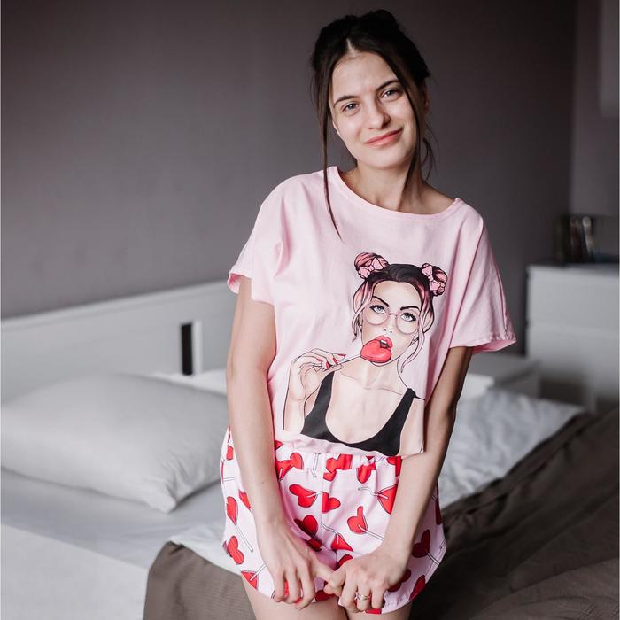 Пижама женская (футболка, шорты) цвет розовый/леденец, размер 46