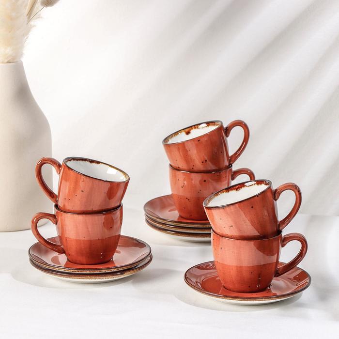 Сервиз керамический кофейный «Сапфир», 12 предметов: 6 чашек 90 мл, 6 блюдец d=11,5 см, цвет оранжевый