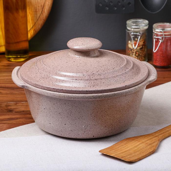

Жаровня с крышкой с ручками "Гранит", кремовая, красная глина, 2 л
