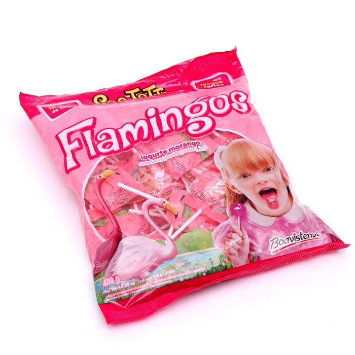Карамель леденцовая на палочке Flamingos клубничный йогурт, c тату на язык, 8 г