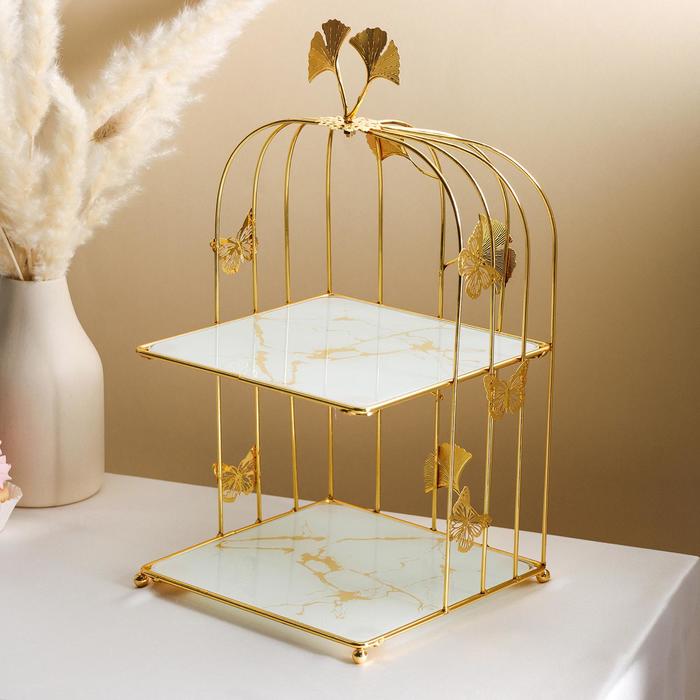 Подставка под десерты 2-х ярусная «Мрамор», 21×21×43 см, цвет металла золотой