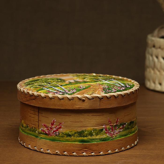 

Шкатулка для рукоделия ,D=19,5 смх8,5 см, роспись, береста