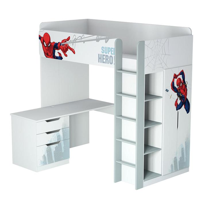 фото Кровать-чердак «человек паук», с письменным столом и шкафом, 200х90 см, цвет белый polini