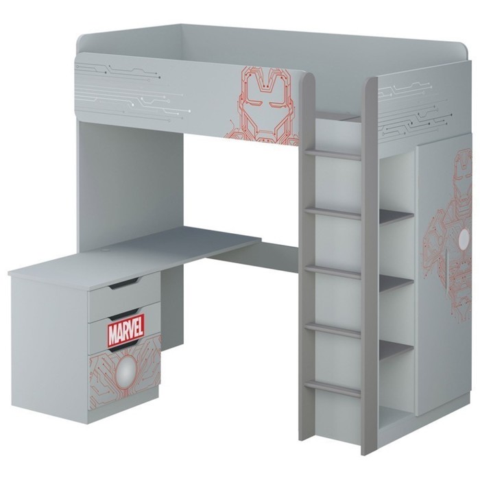 Кровать-чердак «Железный человек», с письменным столом и шкафом, цвет серый
