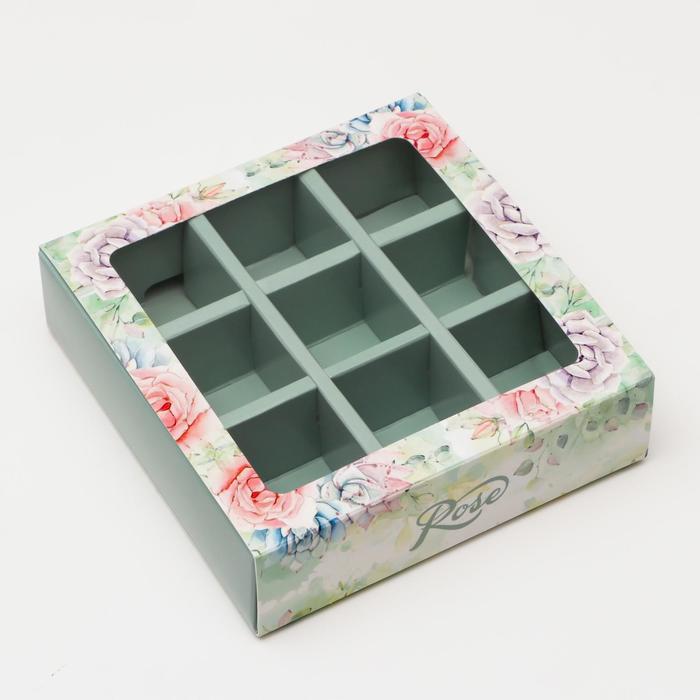 Коробка под 9 конфет с обечайкой Rose с окном, 14,5 х 14,5 х 3,5 см коробка под 16 шт конфет с обечайкой с окном сиреневый узор 17 7 х 17 7 х 3 8 см