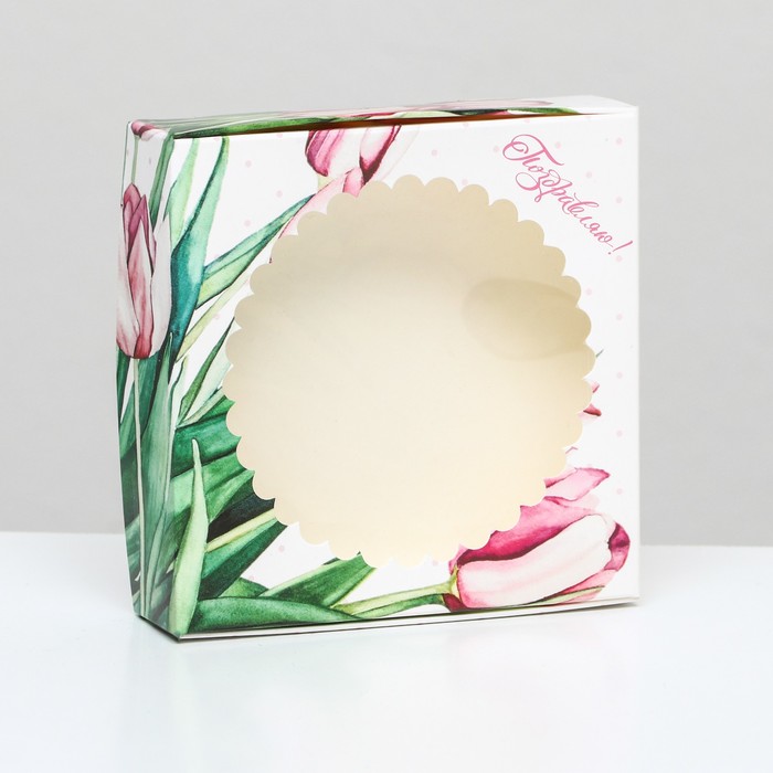 Подарочная коробка сборная с окном  Тюльпаны , 11,5 х 11,5 х 3 см