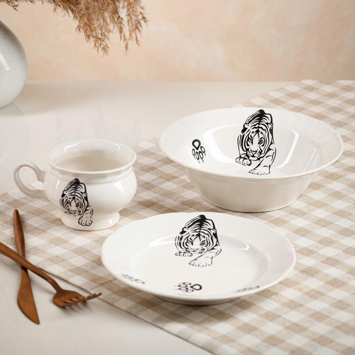 фото Набор посуды "тигры", 3 предмета, символ года 2022, белая, деколь, керамика, микс керамика ручной работы