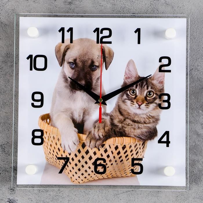 Часы настенные, интерьерные Щенок с котенком, бесшумные, 25 х 25 см часы картина настенные серия животный мир щенок с котенком плавный ход 25 х 25 см