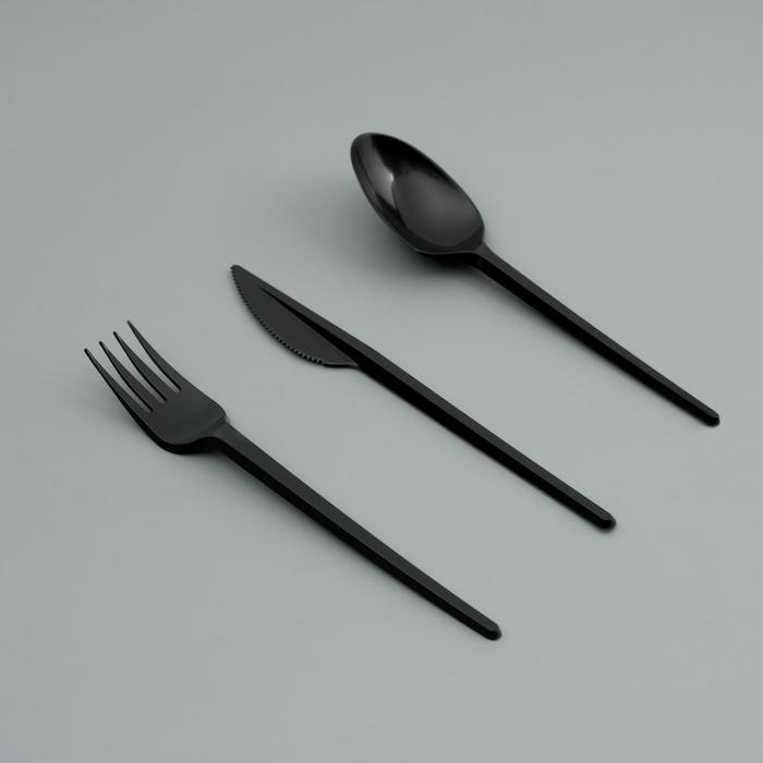 Набор одноразовой посуды Вилка, ложка, нож черный, 16,5 см