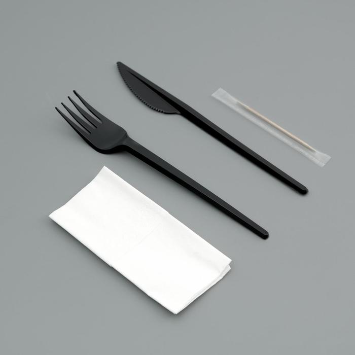 Набор одноразовой посуды Вилка, нож, салф.бум., зубочистка черный, 16,5 см