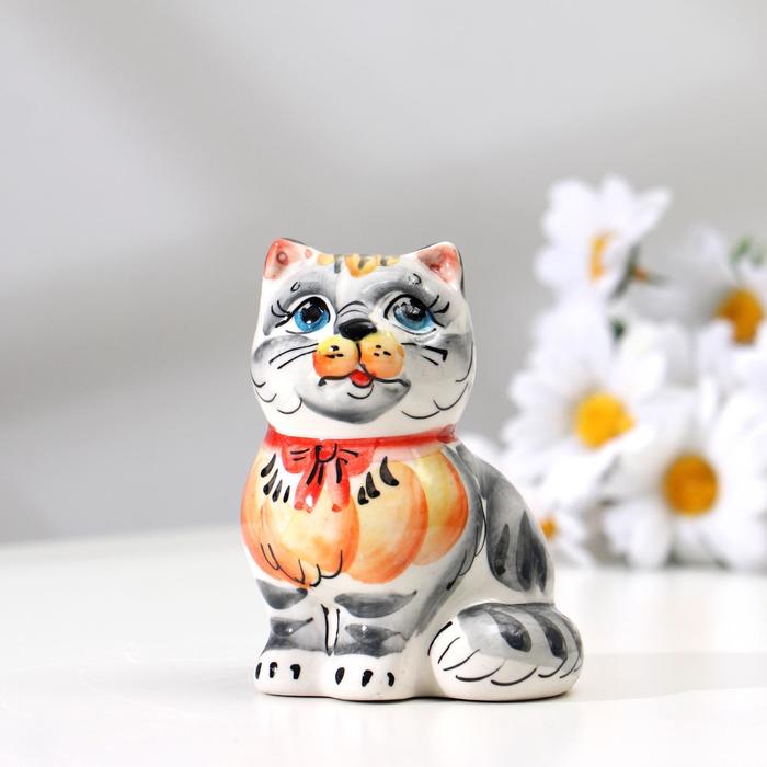 Сувенир Кот Мурзик, гжель цветная сувенир кот с бантиком гжель