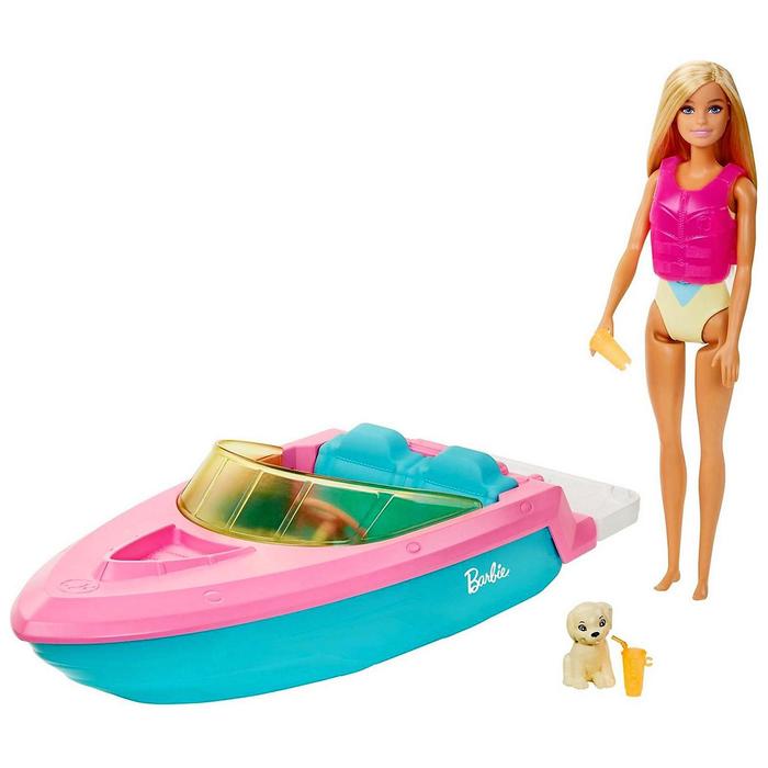 фото Кукла «барби», в купальнике, с лодкой, спасательным жилетом и щенком mattel