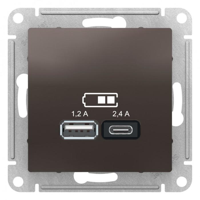 

Розетка SE AtlasDesign, USB, A+С, 5В/2,4 А, 2х5В/1,2 А, механизм, цвет мокко