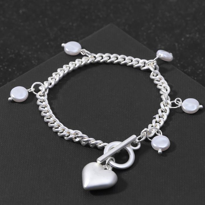 

Браслет с жемчугом "Цепь" сердце объёмное с бусиной, цвет белый в матовом серебре ,L=19см