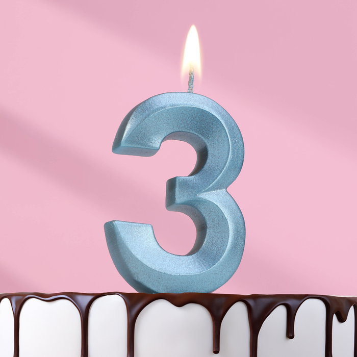 Свеча в торт Грань, цифра 3, голубой металлик, 6,5 см
