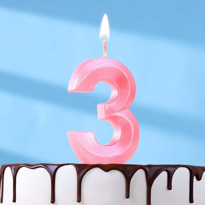 Свеча в торт Грань, цифра 3, розовый металлик, 6,5 см
