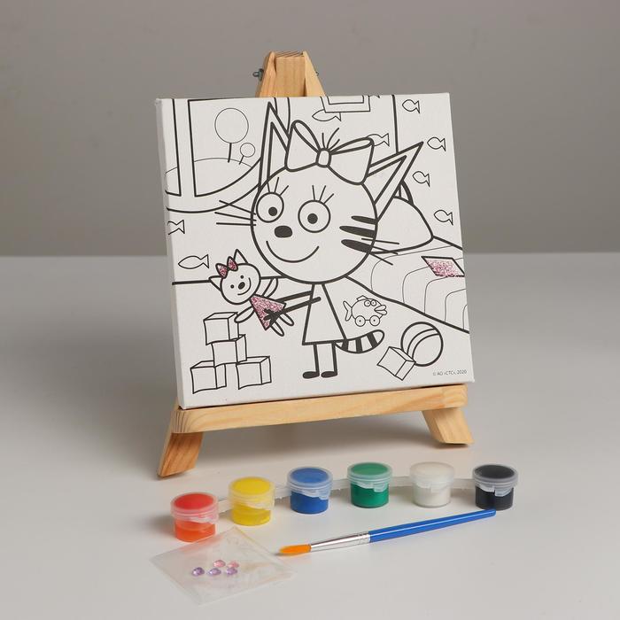 Холст для росписи «Три кота. Карамелька с игрушкой» 15 × 15 см, с глиттером