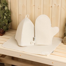 Набор банный белый 3 предмета без вышивки (шапка, варежка, коврик) в плёнке