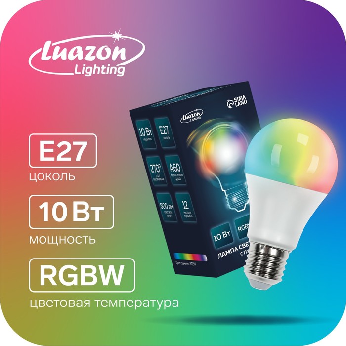 Лампа светодиодная RGB+W, с пультом , А60, 10 Вт, 800 Лм, Е27, 220 В rgb лампа светодиодная с пультом ду 3 5 10 вт 16 цветов