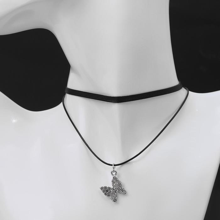 Чокер Двойной с нитью, бабочка, бело-чёрный в серебре ,L40см