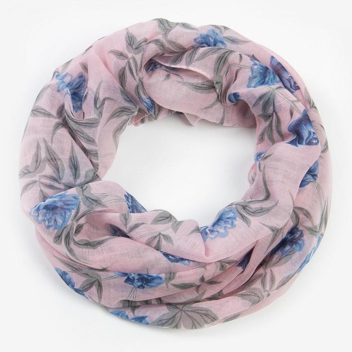 Палантин-труба женский текстильный, цвет розовый/синий/цветы, размер 70х80
