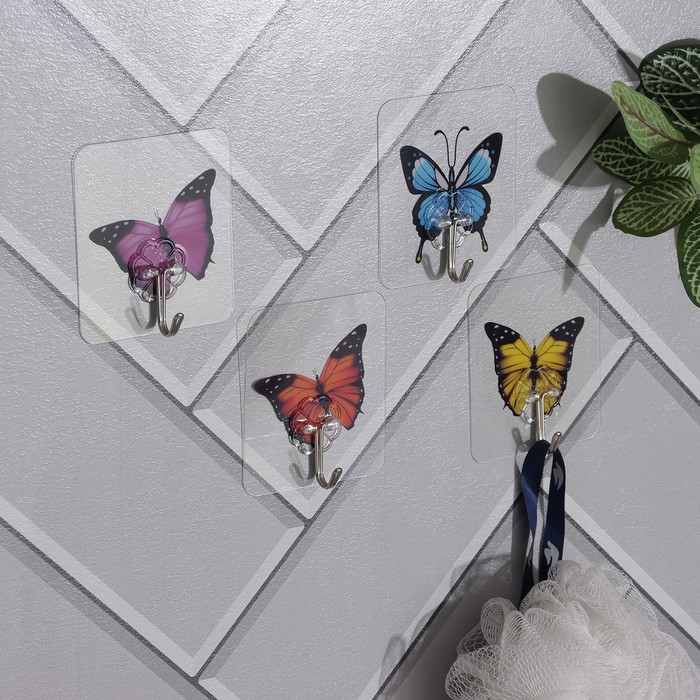 фото Крючок на липучке «бабочки», 4 шт, цвет и рисунок микс