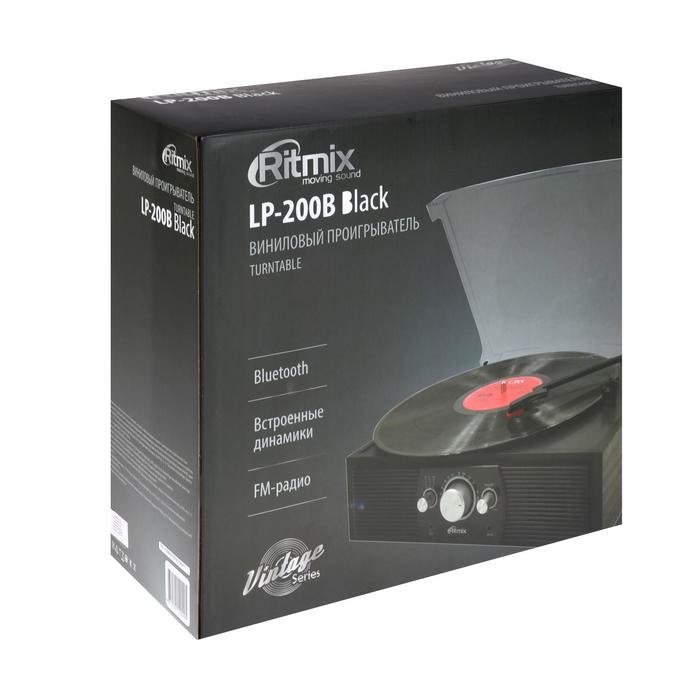 Проигрыватель виниловых дисков Ritmix LP-200B, 10 Вт, 3 скорости, BT, AUX, FM, RCA, черный