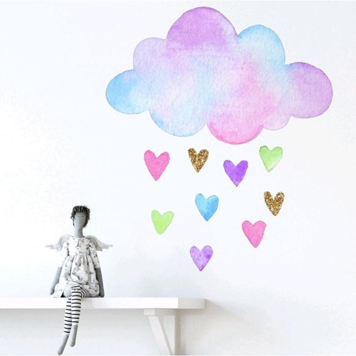Наклейка пластик интерьерная цветная "Облачко с дождём из сердечек" 40х39 см