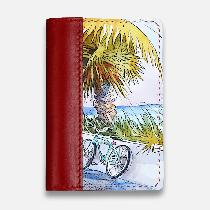 фото Обложка на паспорт комбинированная "велосипед у моря", красная russian handmade