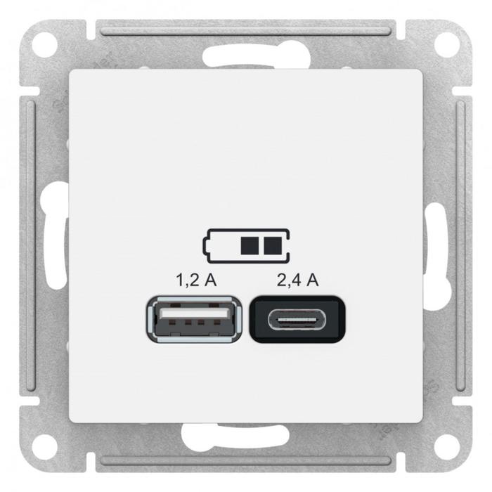 Розетка SE AtlasDesign, USB, A+С, 5В/2,4 А, 2х5В/1,2 А, механизм, белая