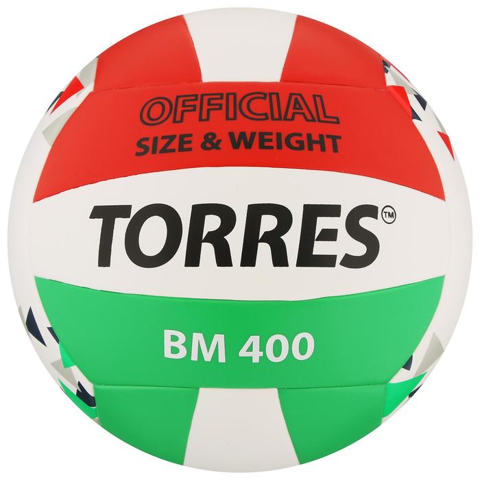 Мяч волейбольный TORRES BM400, размер 5, синтетическая кожа (ТПУ), клееный, бутиловая камера, цвет белый/красный/зелёный