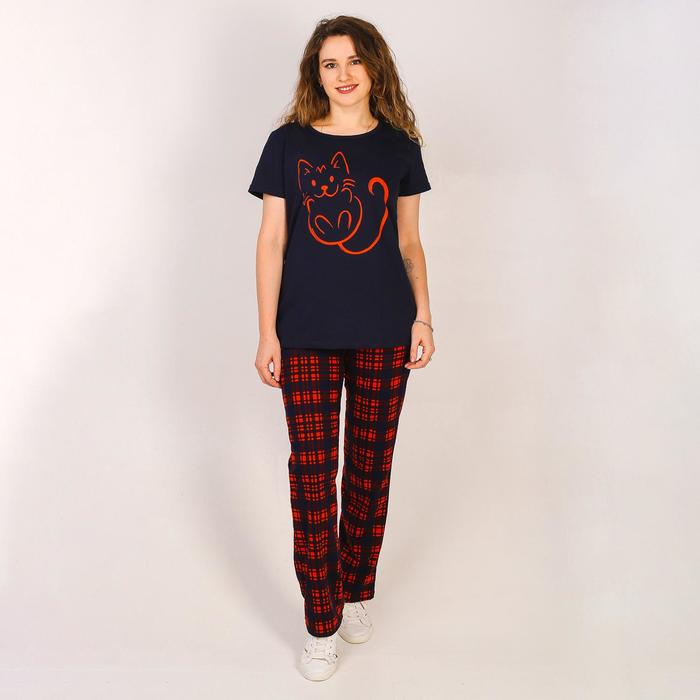 Комплект женский (футболка, брюки), цвет красный/синий, размер 46